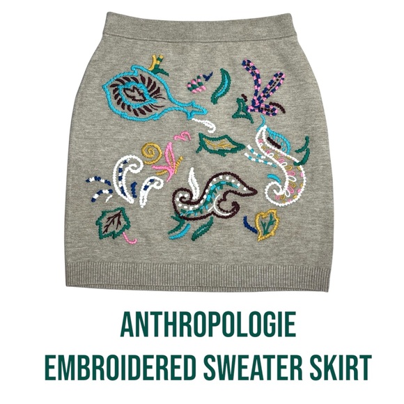 Anthropologie Dresses & Skirts - Anthropologie Beige multicolor Embroidered Sweater Skirt Size Small